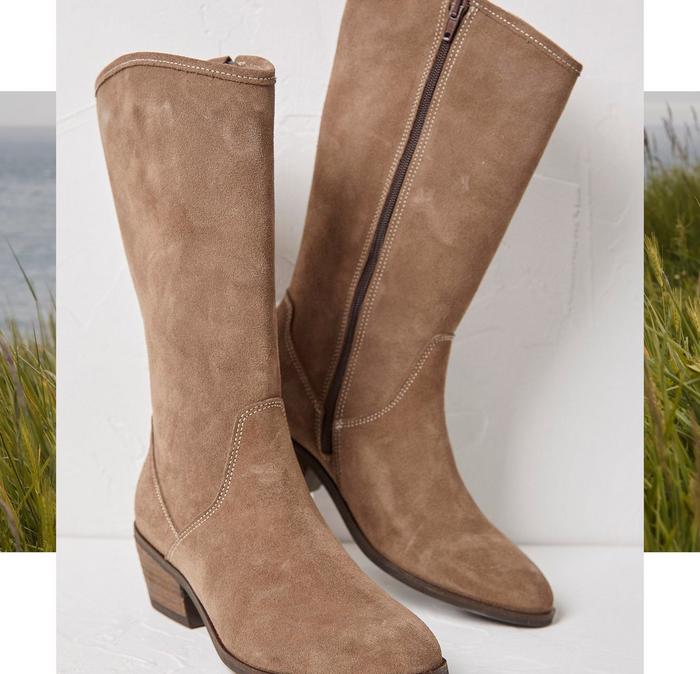 A taupe pair of women's Western-style boots.