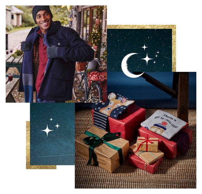 A man wearing a hat, scarf, gloves & a warm coat over a sweatshirt. Two sets of kids' PJs & a stack of neatly wrapped gifts.