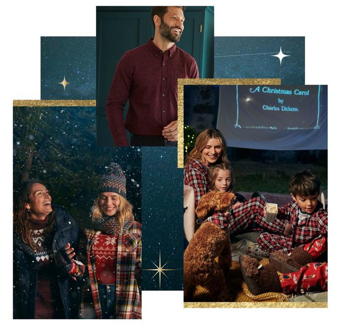 Two women dressed in warm layers under falling snow. A man dressed in a smart shirt. A family wearing matching check PJs.