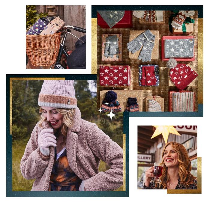 A variety of women's hats, gloves & scarves. Gifts wrapped in recyclable paper. A woman wrapped up warm for winter.