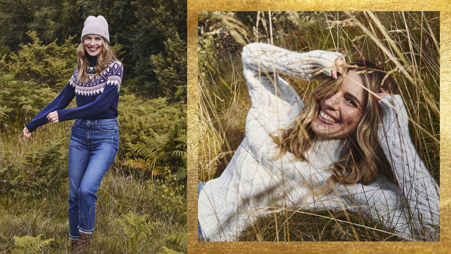 Woman wearing a warm beanie hat, navy blue Fair Isle jumper & jeans. Woman wearing a chunky cable knit jumper with high neck.