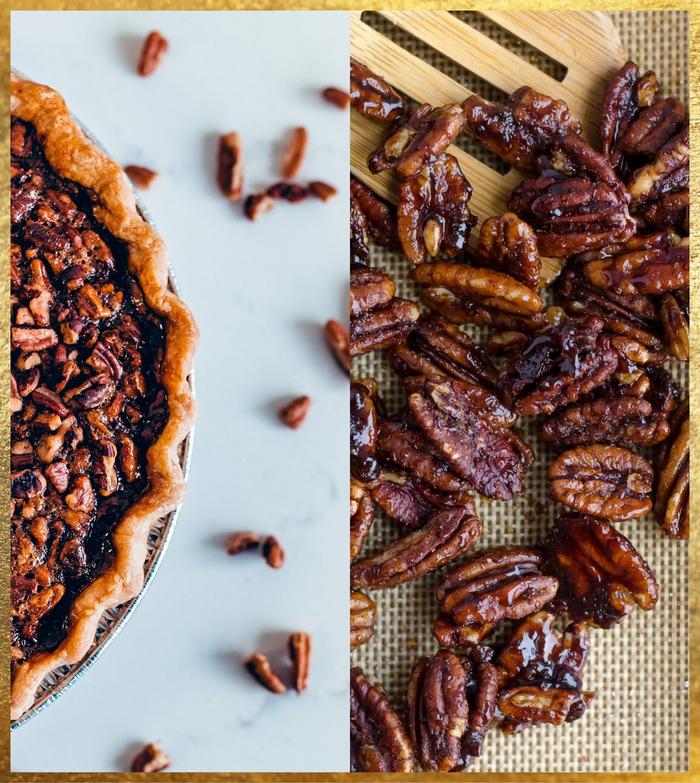 A home-made pecan pie with a golden crust and whole pecans beside it.