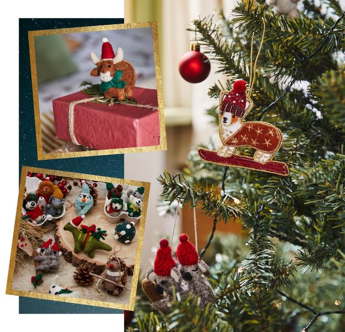 A collection of felt character Christmas tree decorations, including a cow, hedgehog, elephant, lion, dinosaur, koalas & dogs.