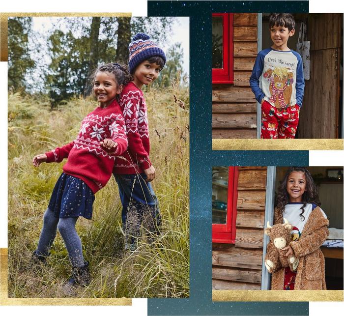 Girl & boy wearing matching red Fair Isle sweaters. Kids wearing highland cow PJ sets. Girl wearing character dressing gown.