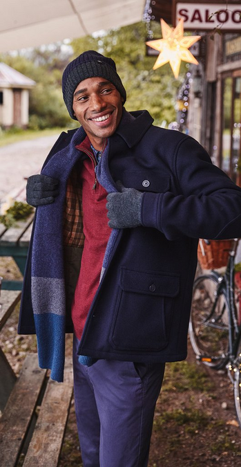 Man wearing a smart blue coat over a red sweatshirt & blue chinos, with a warm hat, scarf & gloves.