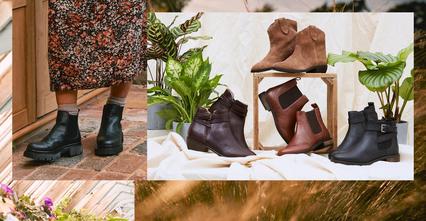 A woman wearing a floral dress & black leather ankle boots. A selection of black & brown suede & leather women's ankle boots.