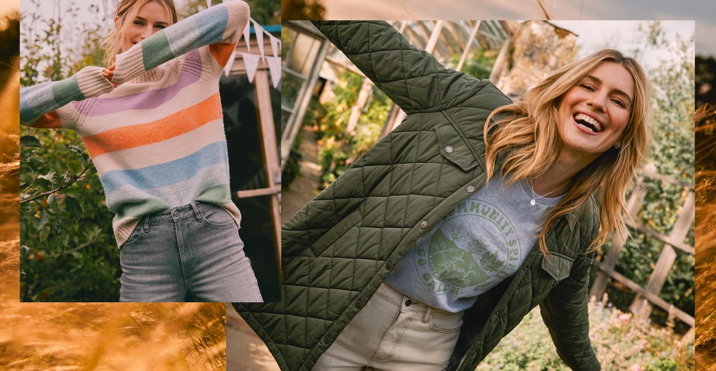 A woman wearing a multicolour-striped jumper & jeans. A woman wearing a khaki green puffer jacket over a graphic tee & jeans.