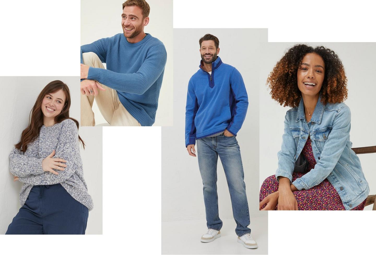 Women & men wearing a variety of blue clothing including sweaters, joggers, a pique cotton sweatshirt, jeans & a denim jacket.
