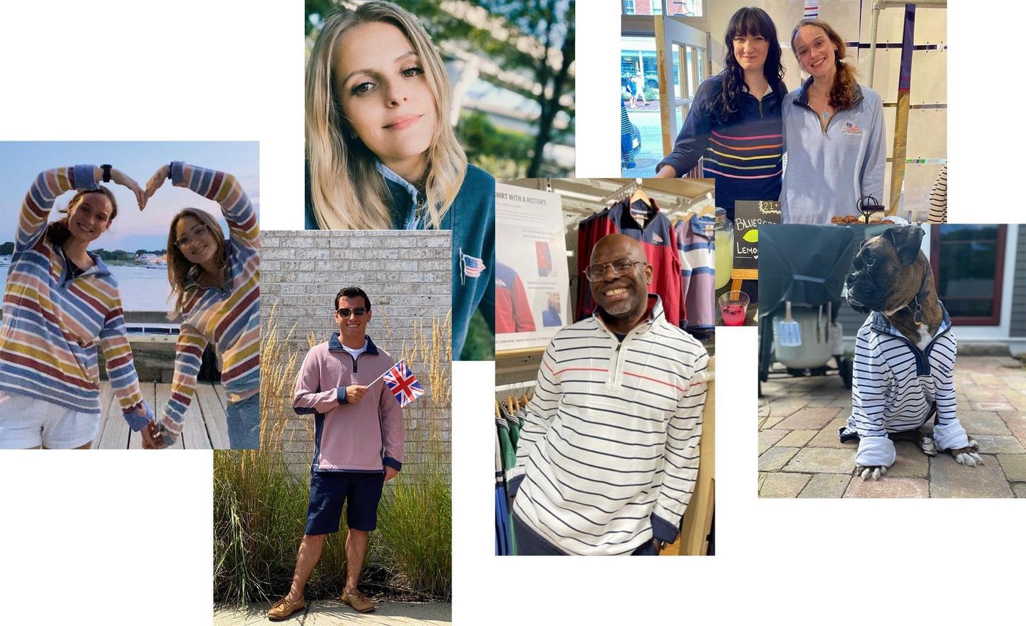 Women, men, and even a dog wearing various striped and colorblock style Airlie sweatshirts.
