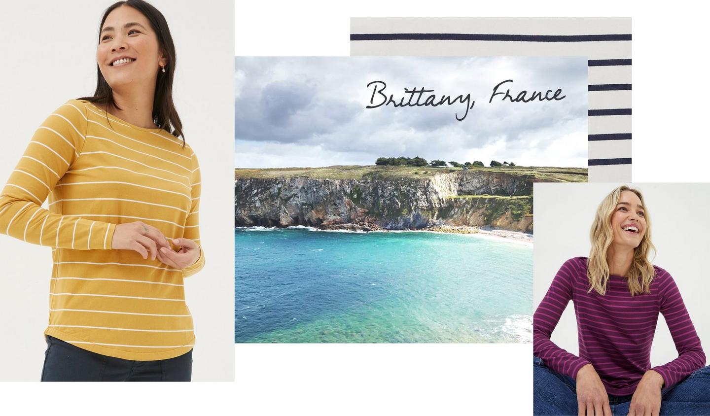 Women wearing long-sleeved Breton style T-shirts, & a beautiful coastline from where they originated, in Brittany, France.