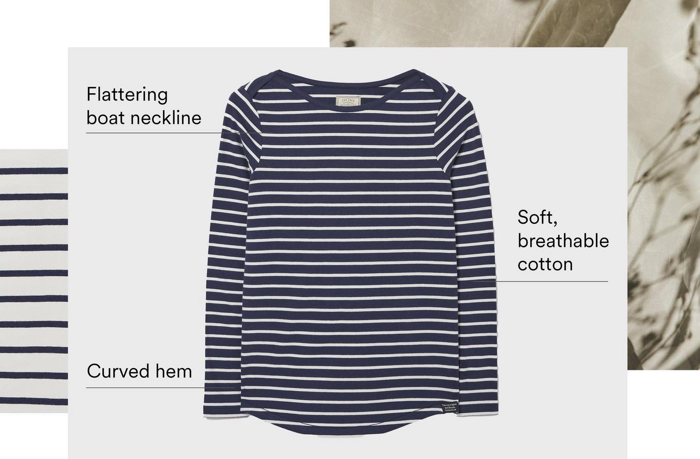 A long-sleeved navy & white Breton style T-shirt, made of soft breathable cotton, with a flattering boat neckline & curved hem.