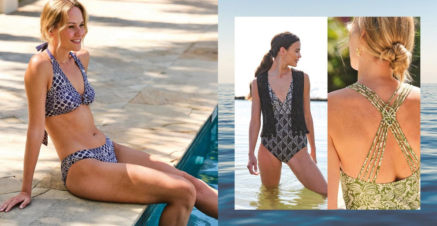 Women modelling swimwear; an indigo-blue & white geo print bikini, black & white tile swimsuit, & green & ivory floral swimsuit.