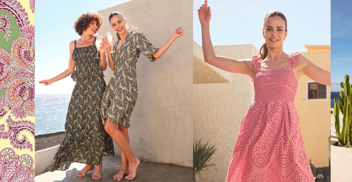 Women wearing dark paisley print dresses; one a strappy maxi, one mid-sleeved & knee-length. Woman wearing a pink broderie dress.