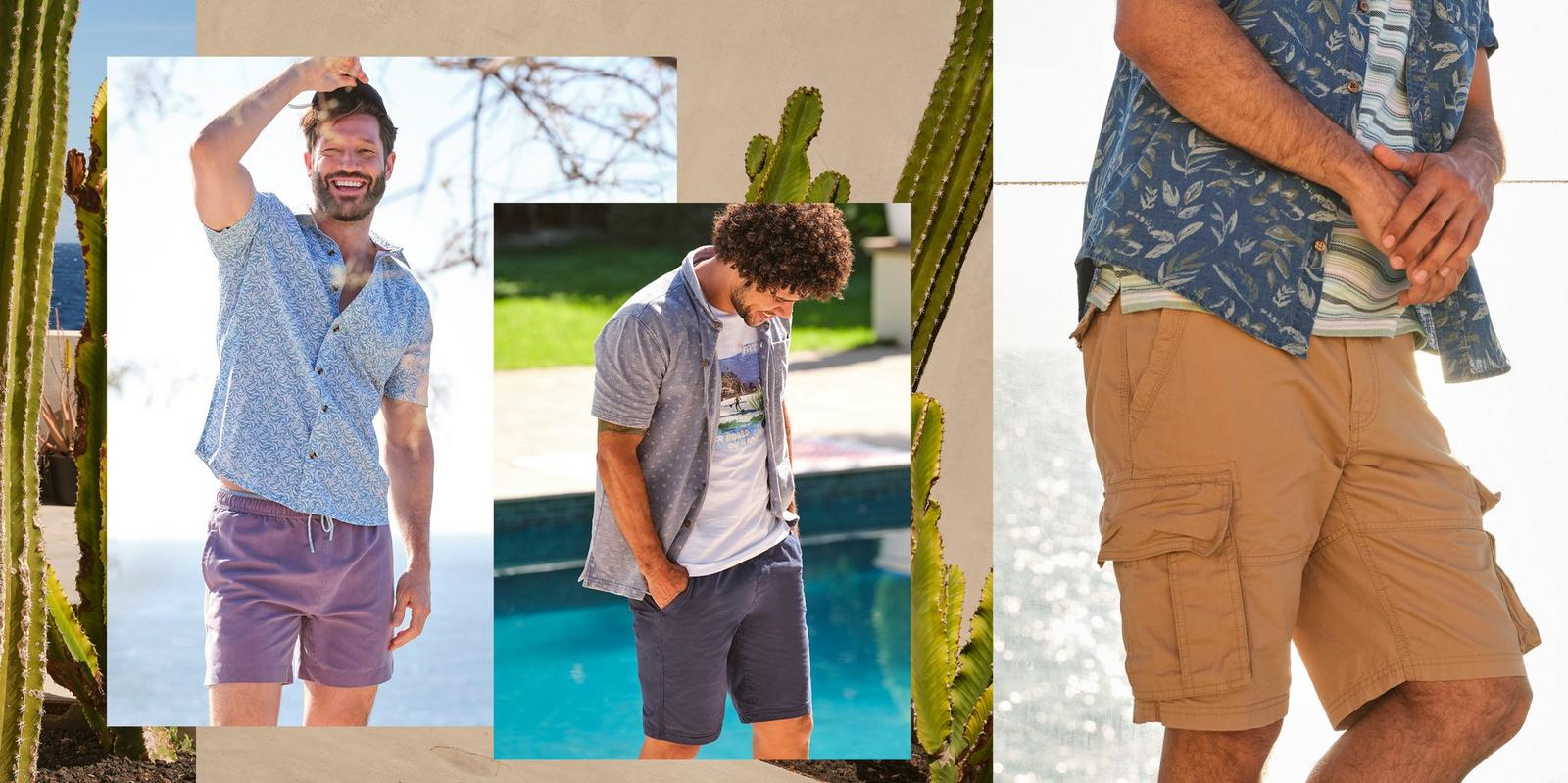 Men wearing a variety of printed shirts, graphic & striped T-shirts, & different styles of shorts.