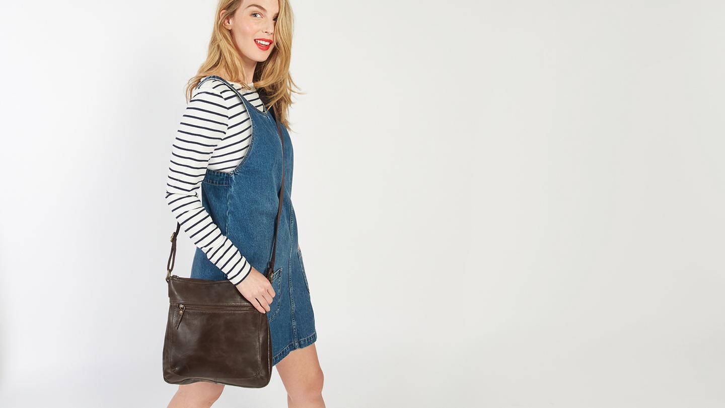 The Breton Tee, Pinafore Dress and Cross Body Bag worn together