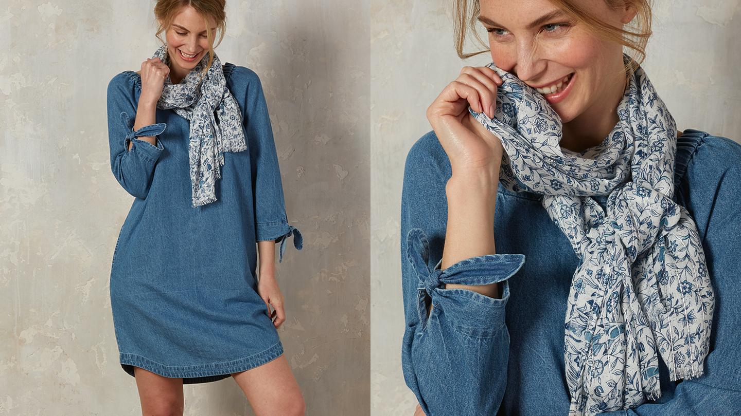 We’ve paired the Summer Garden sequin scarf with a denim dress