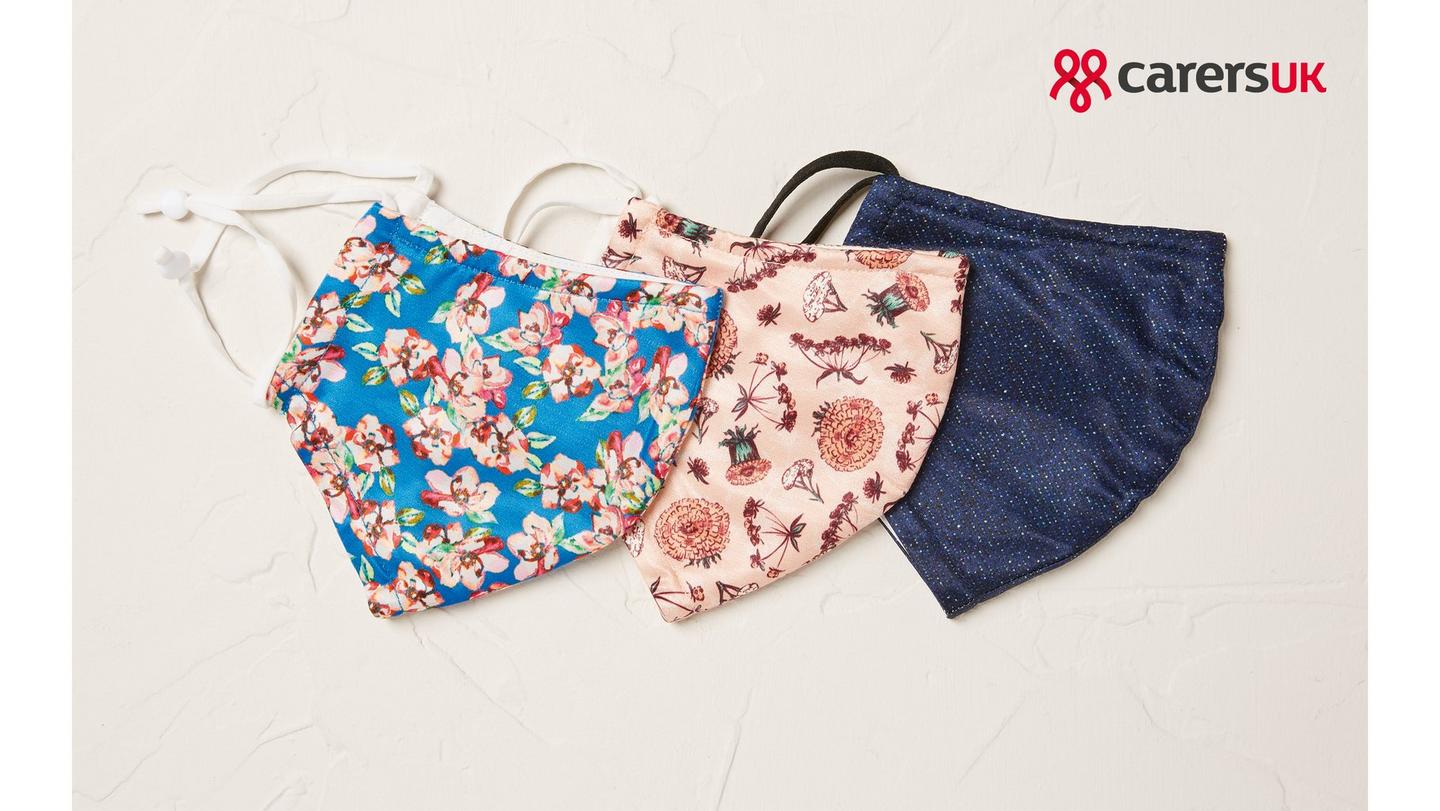Two floral print face coverings and a navy specked design from FatFace.