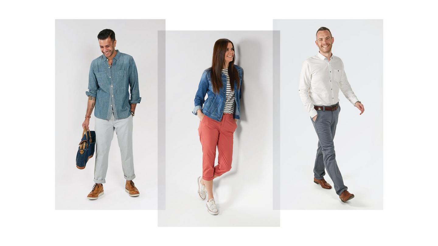 Kalsi, Emily and Seb from head office, wearing their favourite chinos 