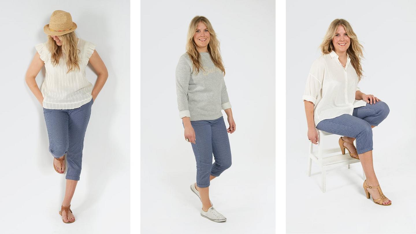 Mollie, who wears the Lulworth Chino Crops in a stripe three different ways