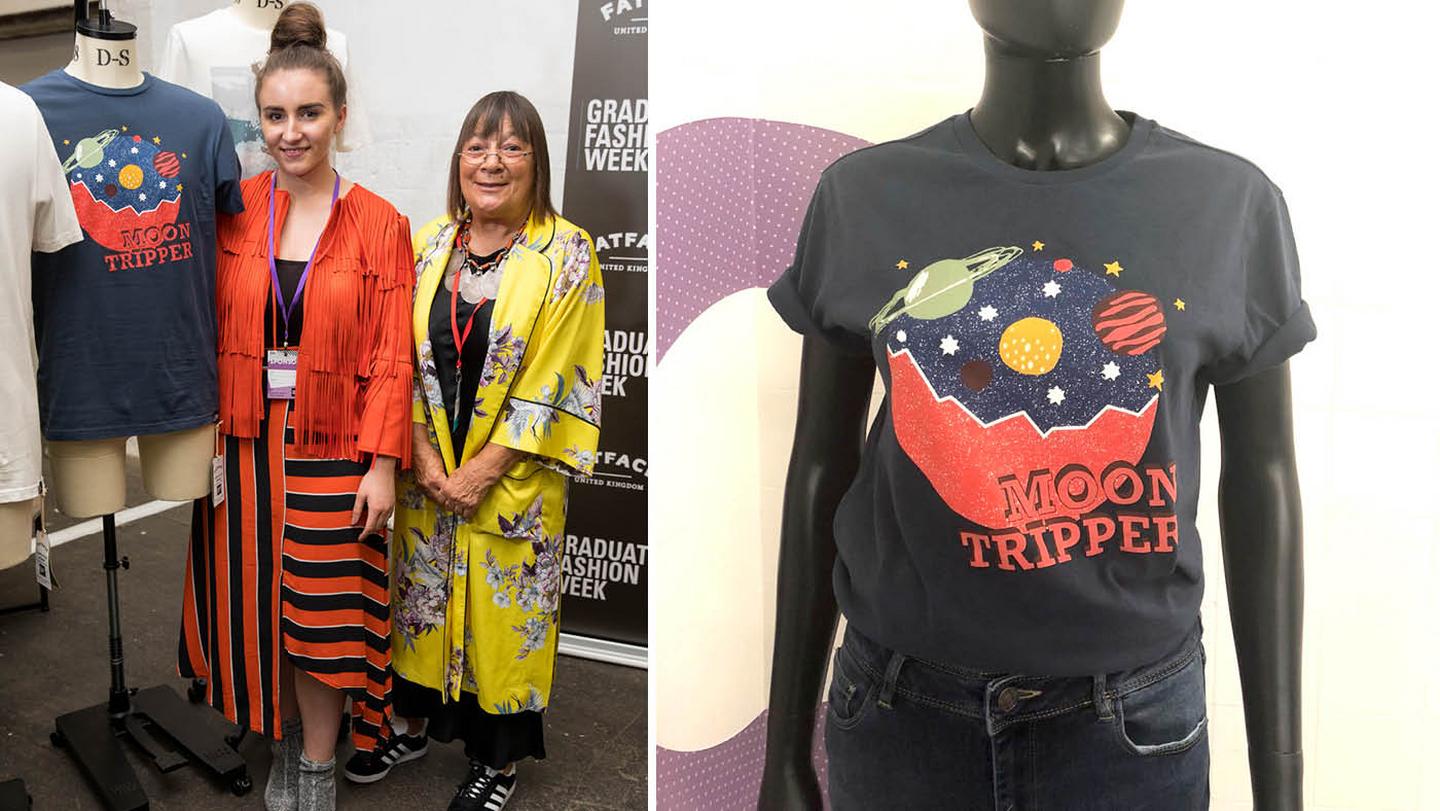 Judge Hilary Alexander OBE with Hannah Morley, who designed the Moon Tripper T-Shirt as part of the FatFace Graphic T-Shirt competition with Graduate Fashion Week 