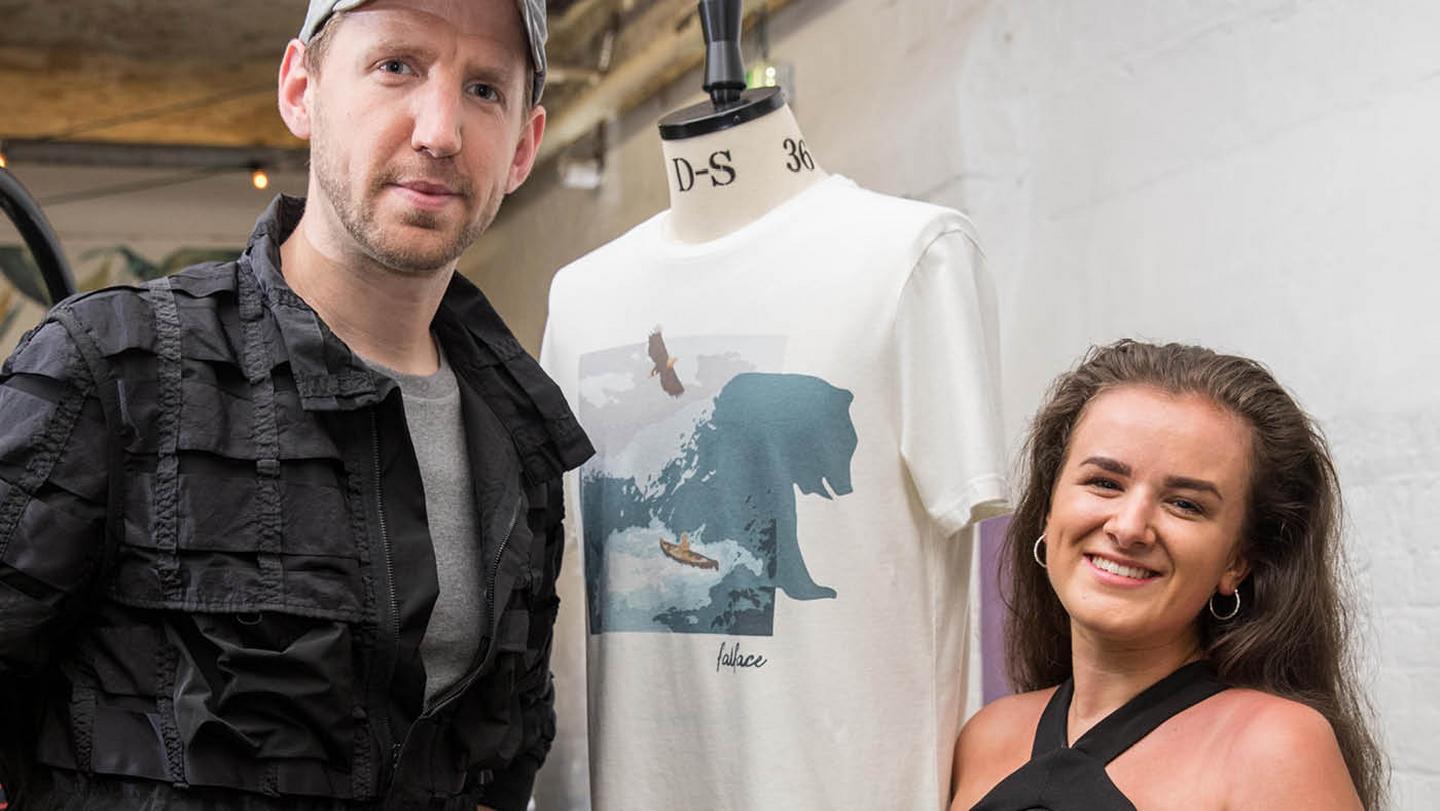 Judge Christopher Raeburn with Kirsty Walmsley, who designed this t-shirt as part of FatFace's competition with Graduate Fashion Week