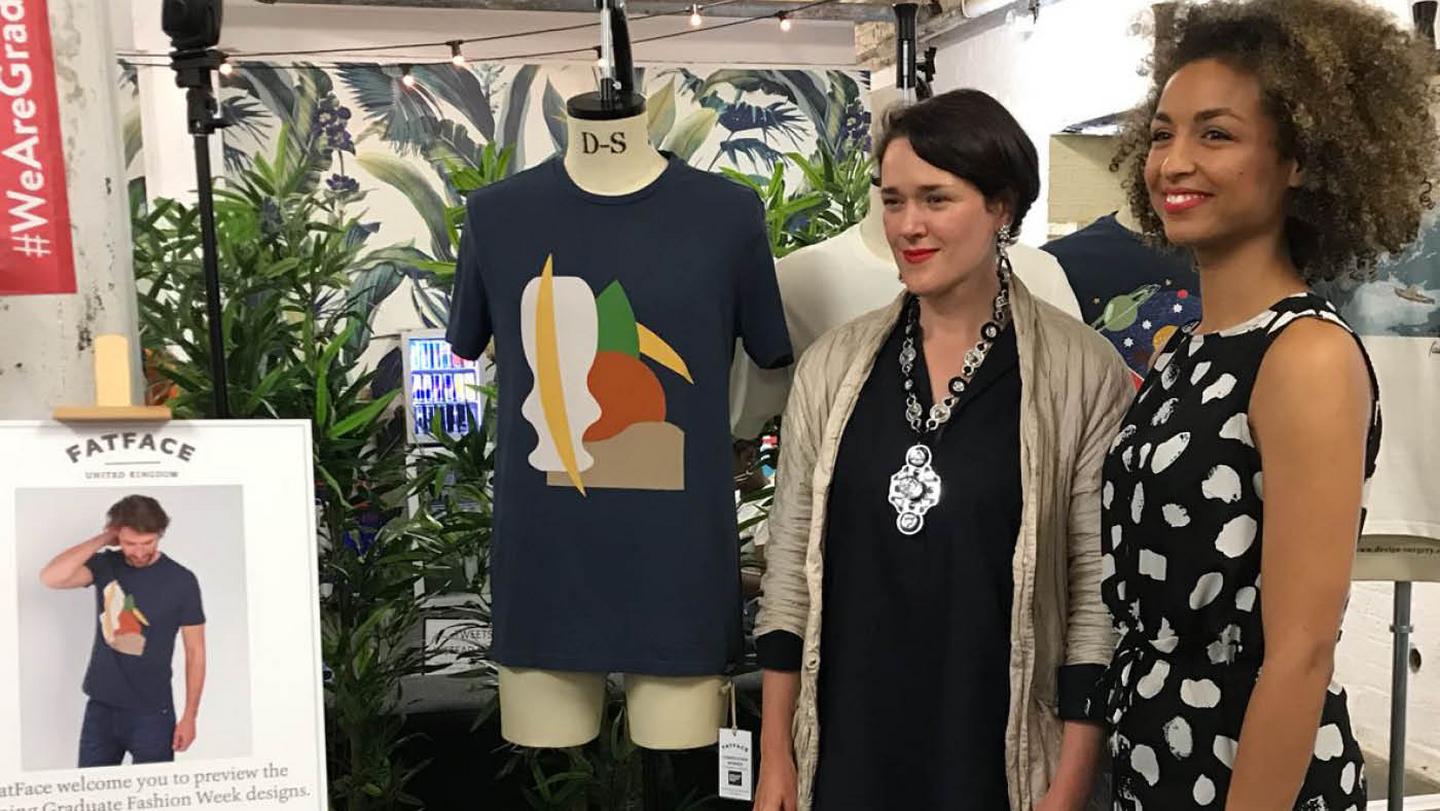 Judge Holly Fulton with Harriet Bornemann, pictured with her winning t-shirt design as part of FatFace's competition with Graduate Fashion Week