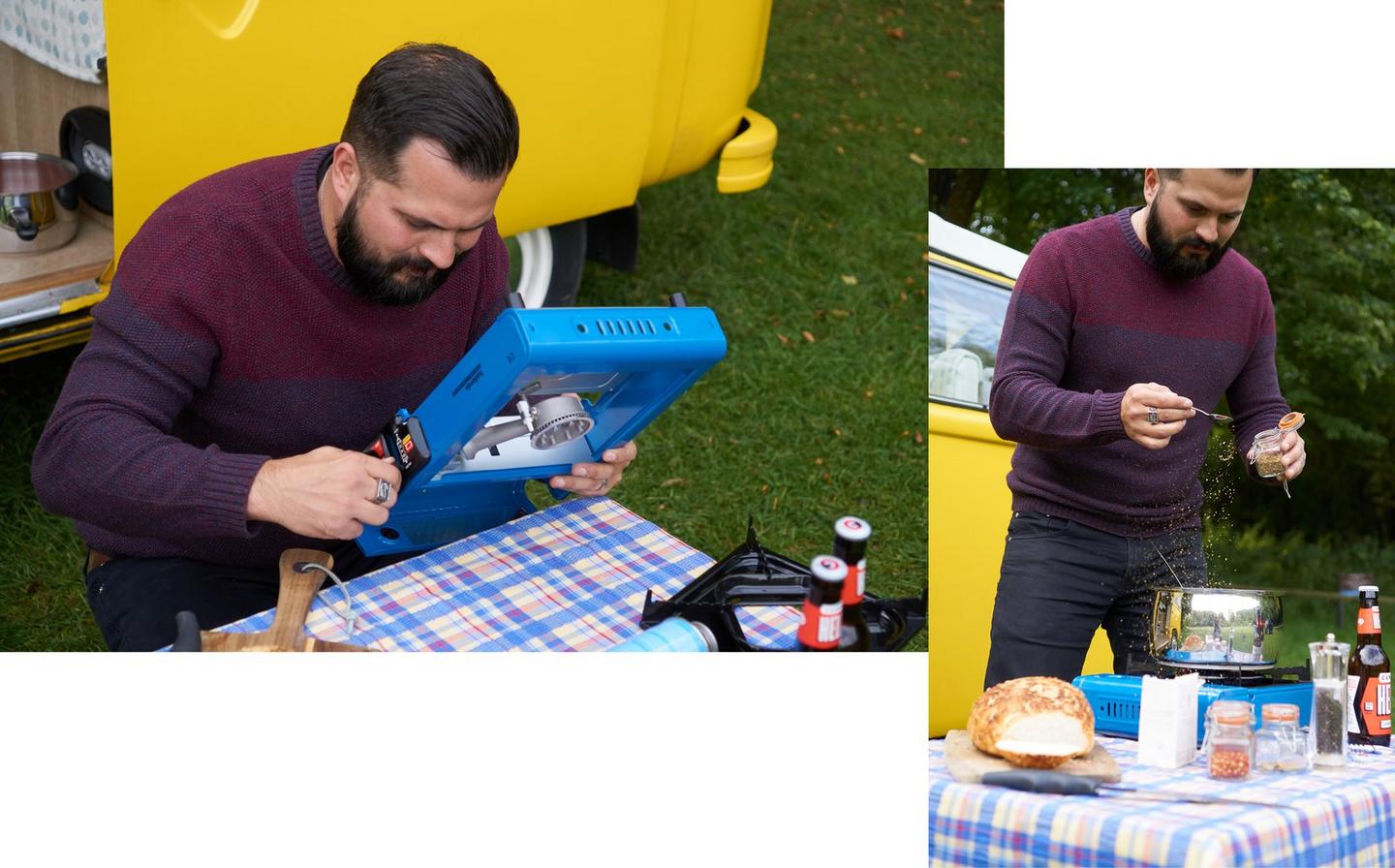Dark haired male wearing a red jumper setting up a camping stove and second image of the same male sprinkling herbs into a saucepan