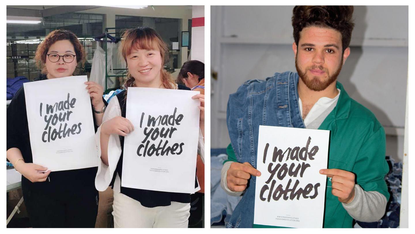 More factory workers in the FatFace supply chain, with an 'I made your clothes' sign.
