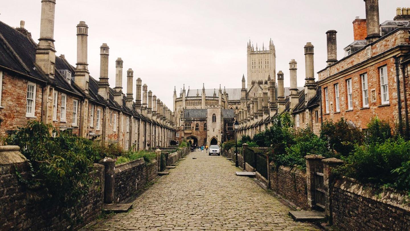 The beautiful cathedral city of Wells, with cobbled streets and pretty houses