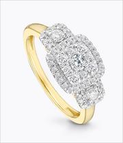 9ct Yellow Gold Three Stone 1/2 Carat Diamond Halo Ring