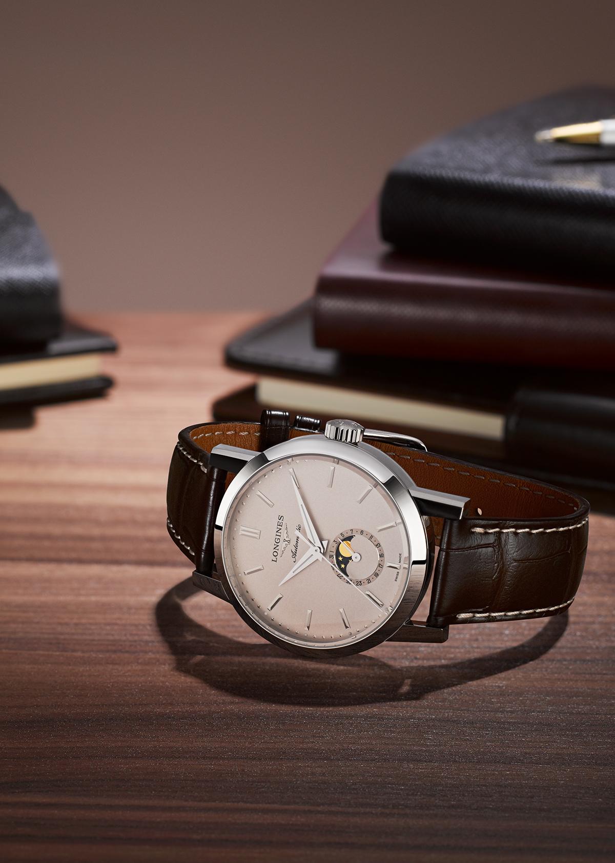 A New Chapter in the Longines 1832 Iconic Tale. The Longines 1832 Moonphase Men's Brown Leather Strap Watch with a unique moon-phase feature on its side.