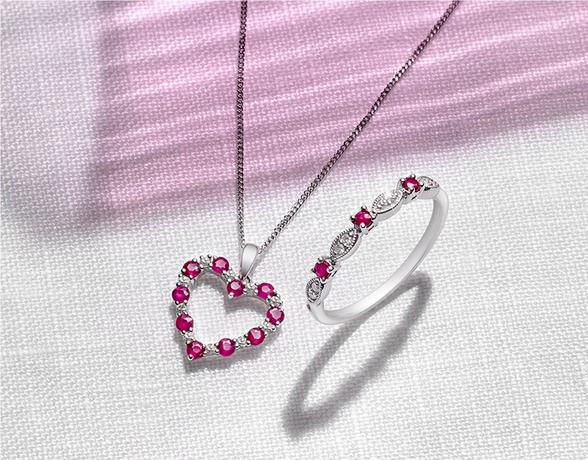 Ruby heart pendant necklace and ruby ring
