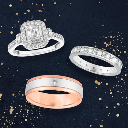 Diamond engagement ring, diamond eternity ring and mens wedding band
