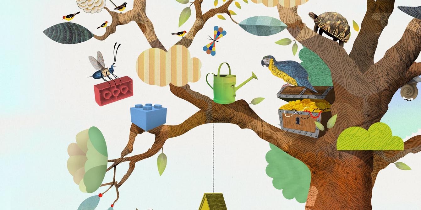 illustration of tree, parrot, birds and toys