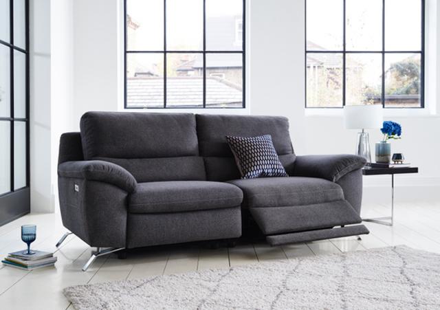 Large modern dark grey fabric recliner sofa