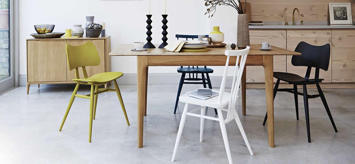Contemporary light wood dining table with chairs