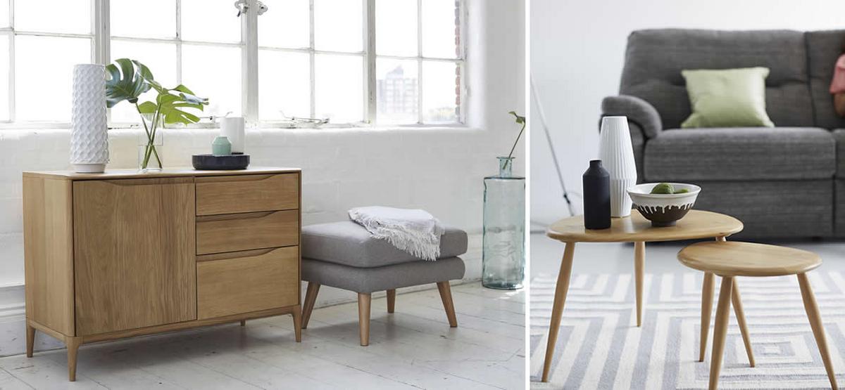 Grey upholstery with Ercol furniture