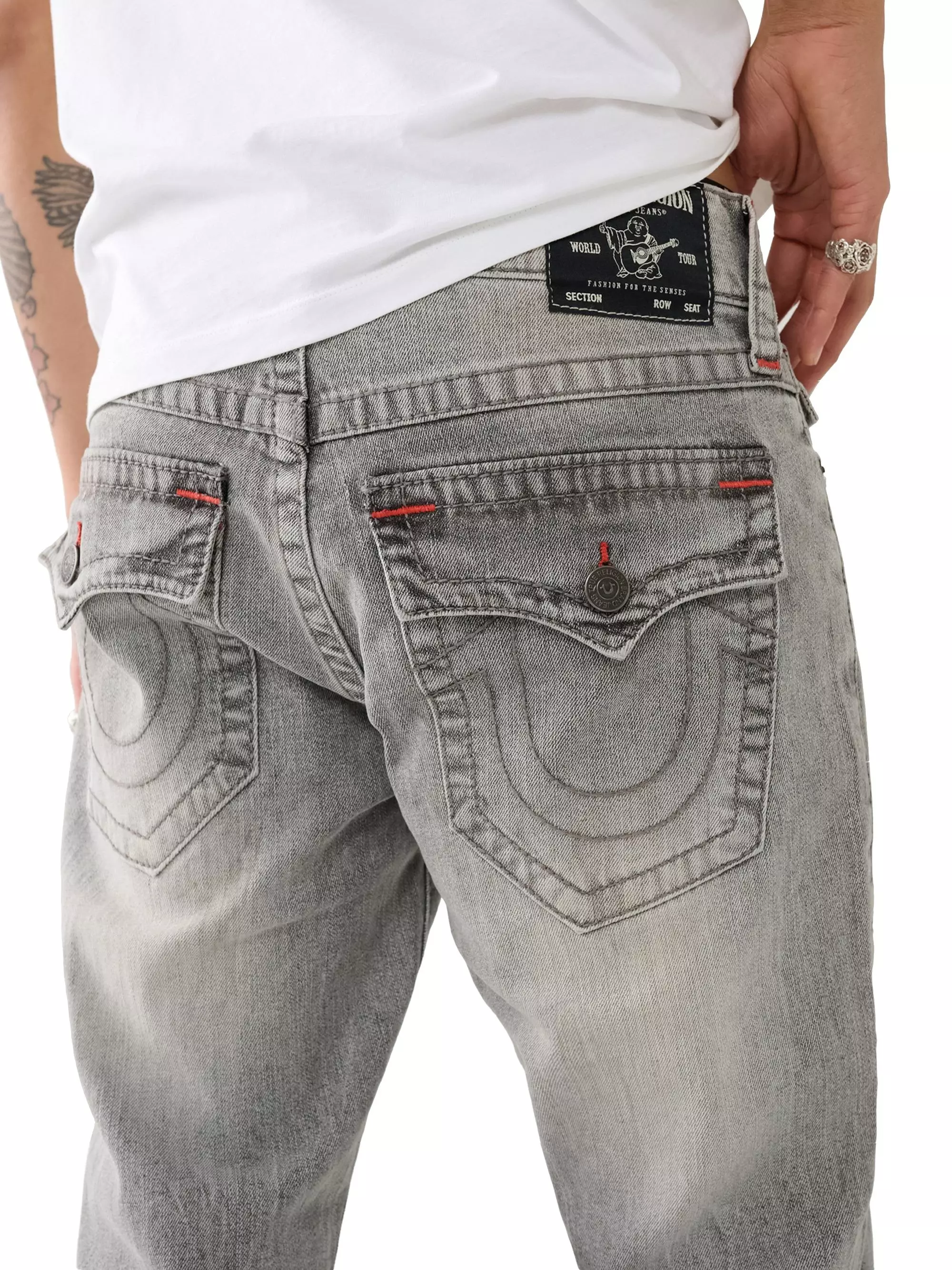 True Religion Men's Ricky Flap Big-T Grail Relaxed Straight Fit Denim Jeans - GREY