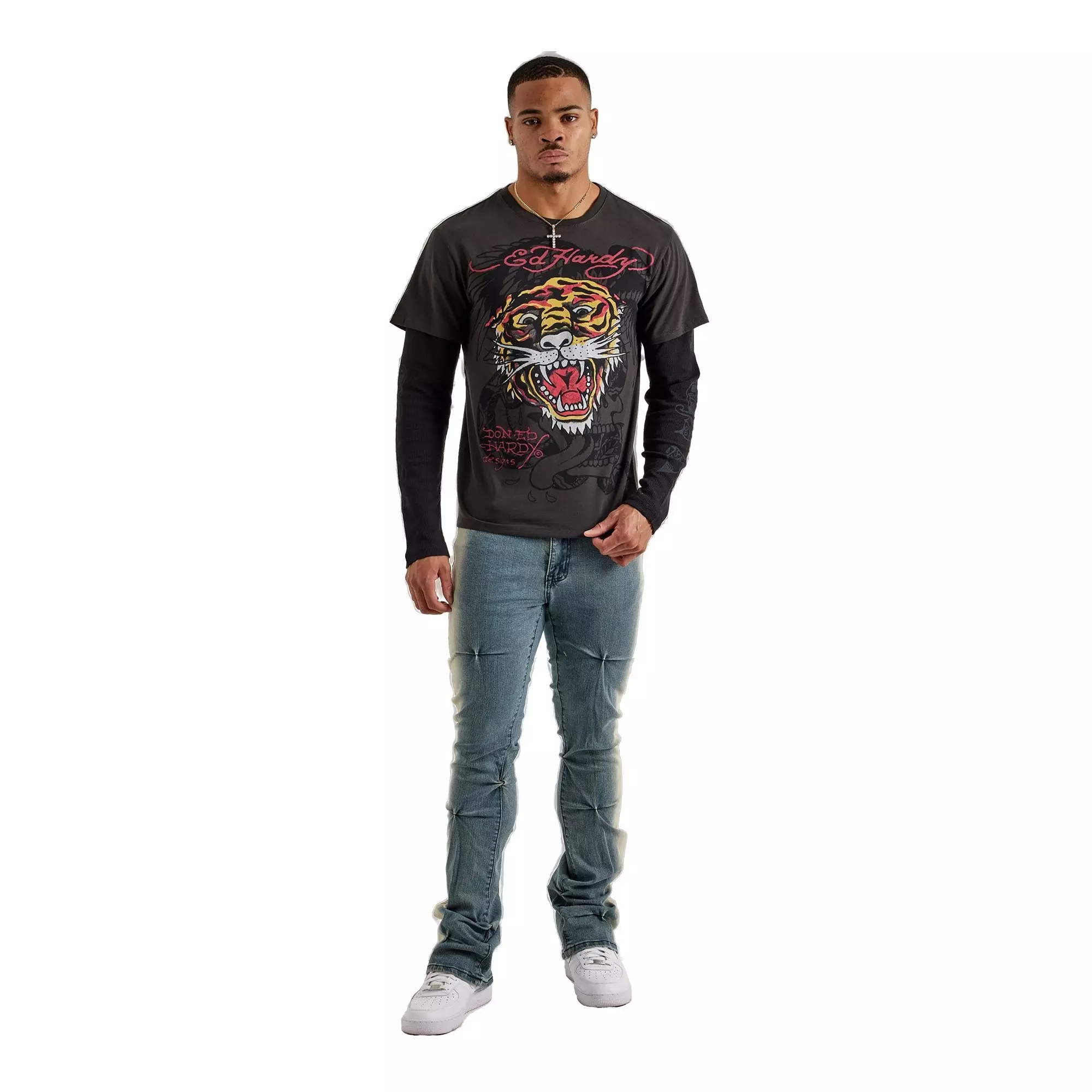 Ed Hardy Men's Tiger Hang Down Thermal Tee - CHARCOAL