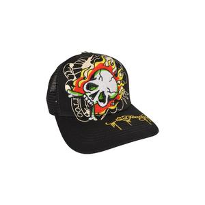 Ed Hardy Embroidered Fire Skull Snapback Hat-Black
