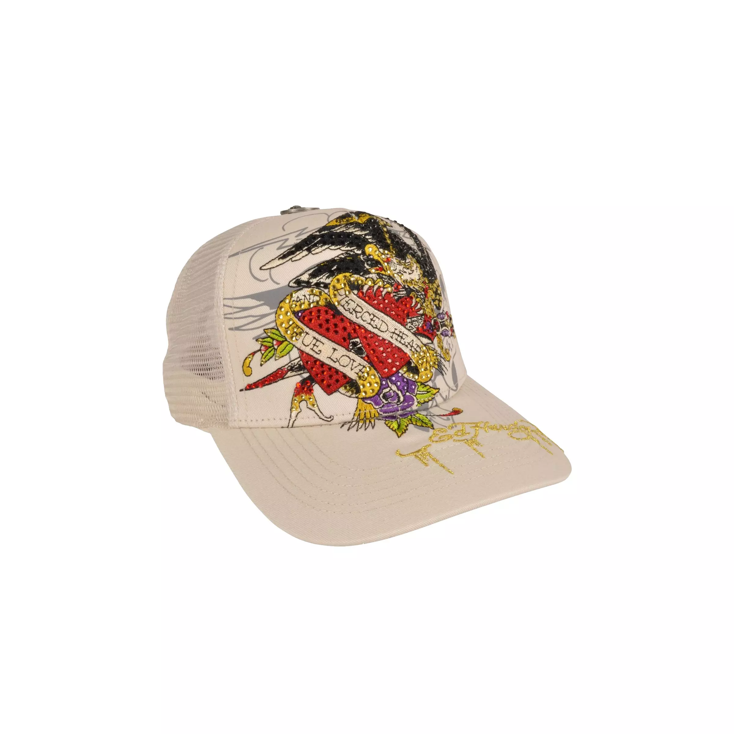 Ed Hardy Embroidered Eagle Rhinestone Snapback Hat-Cream - CREAM