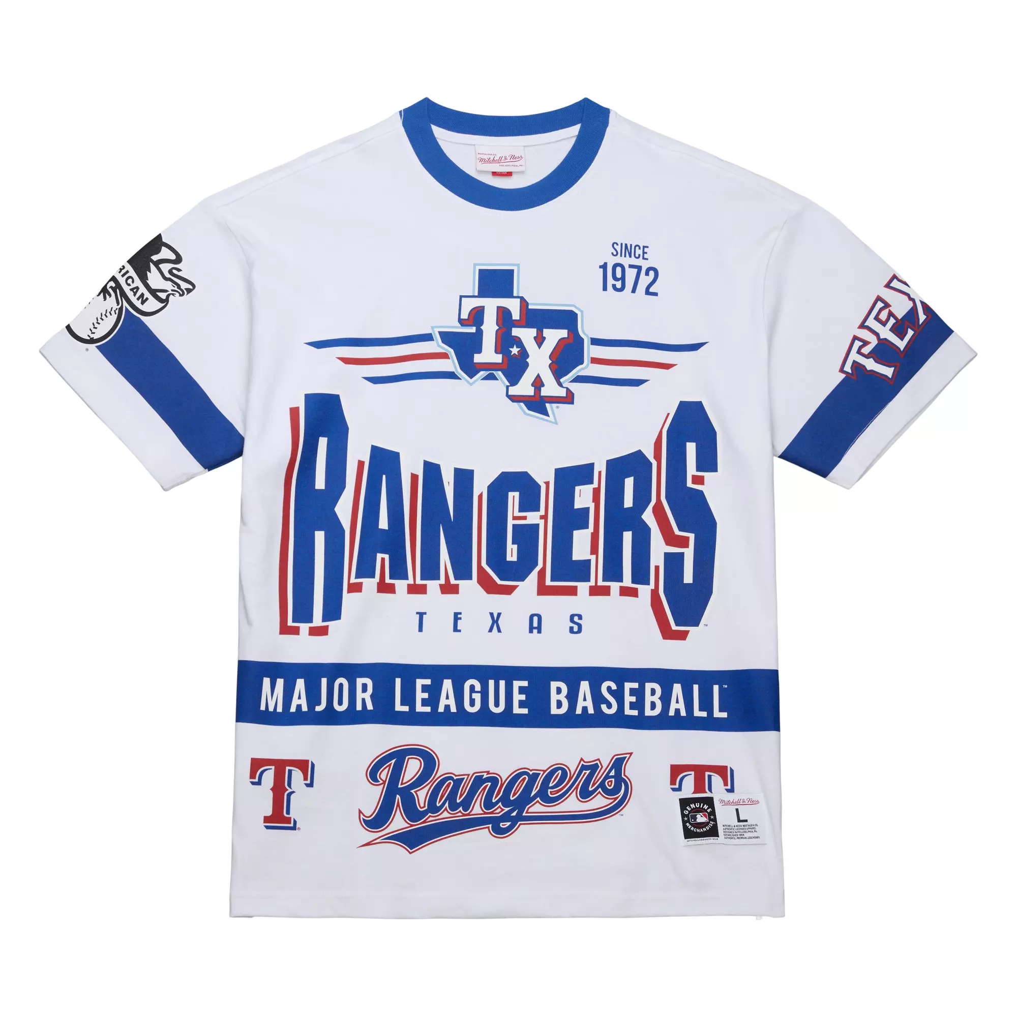 Mitchell & Ness Men's Texas Rangers Current Logo Vintage Tee-White - WHITE