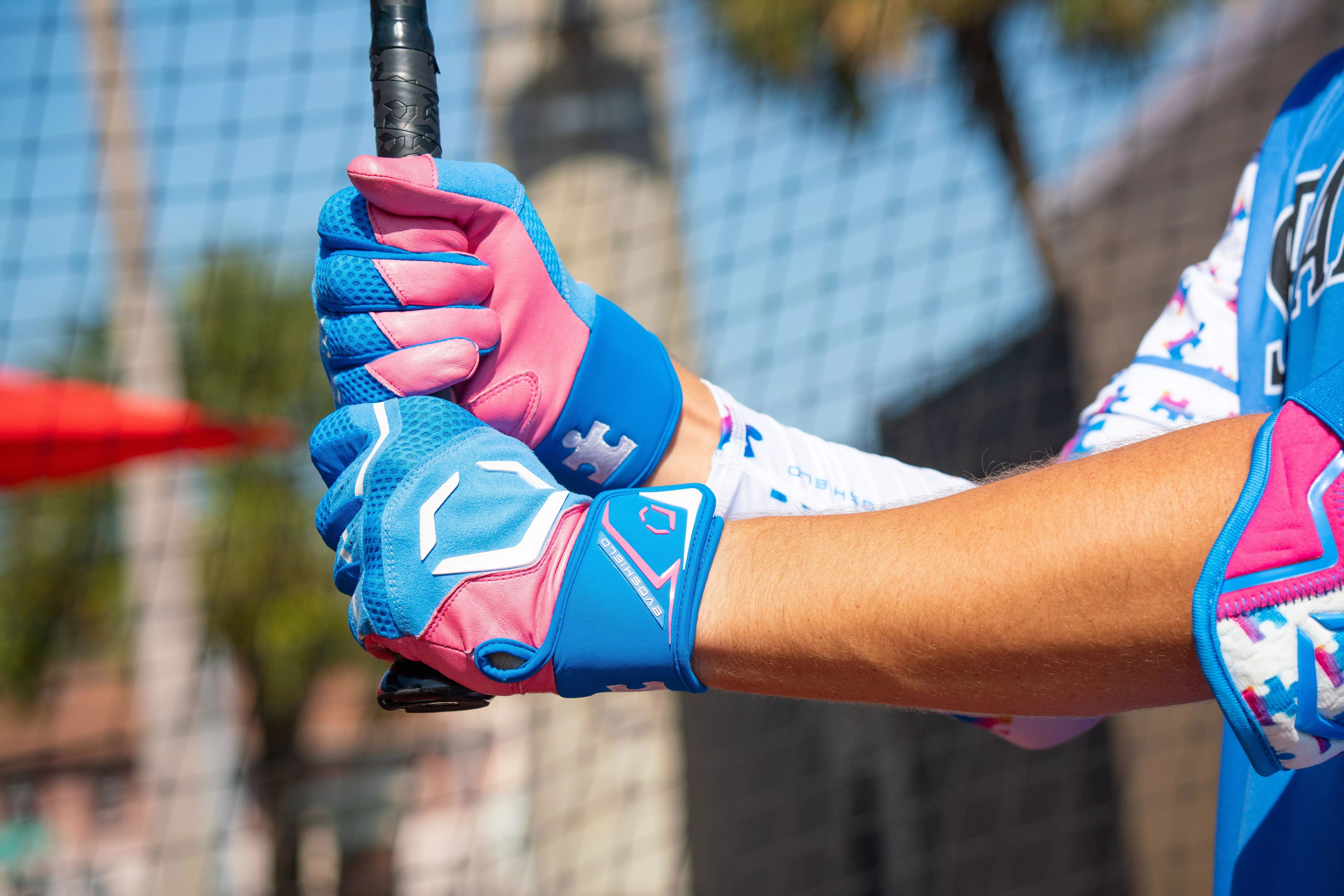 EvoShield X-SRZ Love the Moment Adult Carbyne Batting Gloves - BLUE/PINK