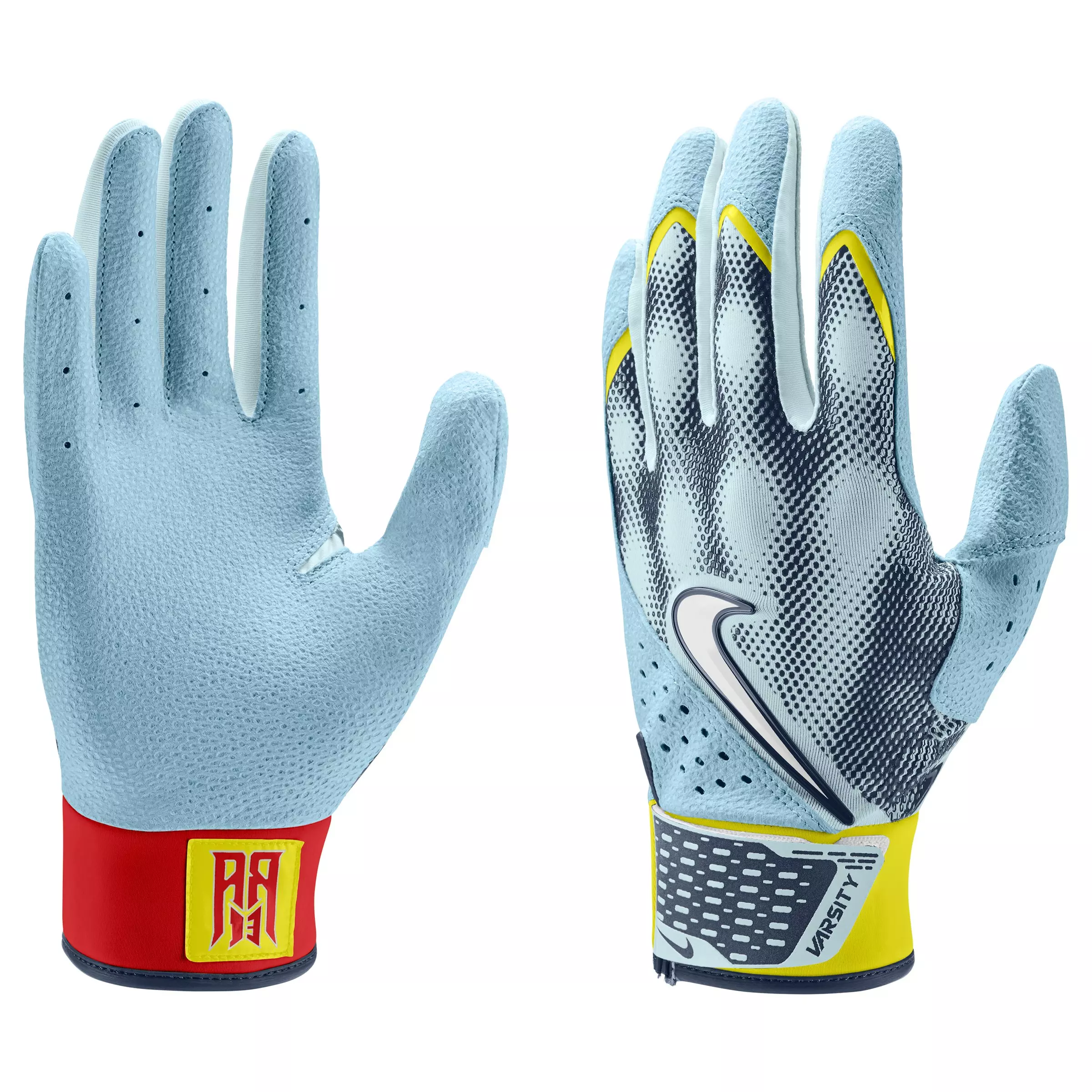 Nike Alpha Varsity Acuna Jr. Baseball Batting Gloves - LTBLUE/YELLOW/RED