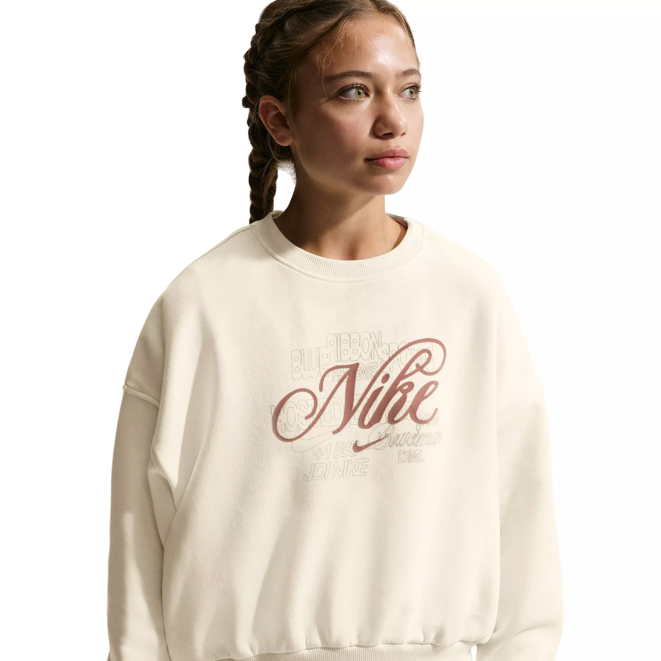 Nike Big Girls' Sportswear Club Fleece Boxy Graphic Crew-Neck Sweatshirt - Soft Pearl - SOFT PEARL