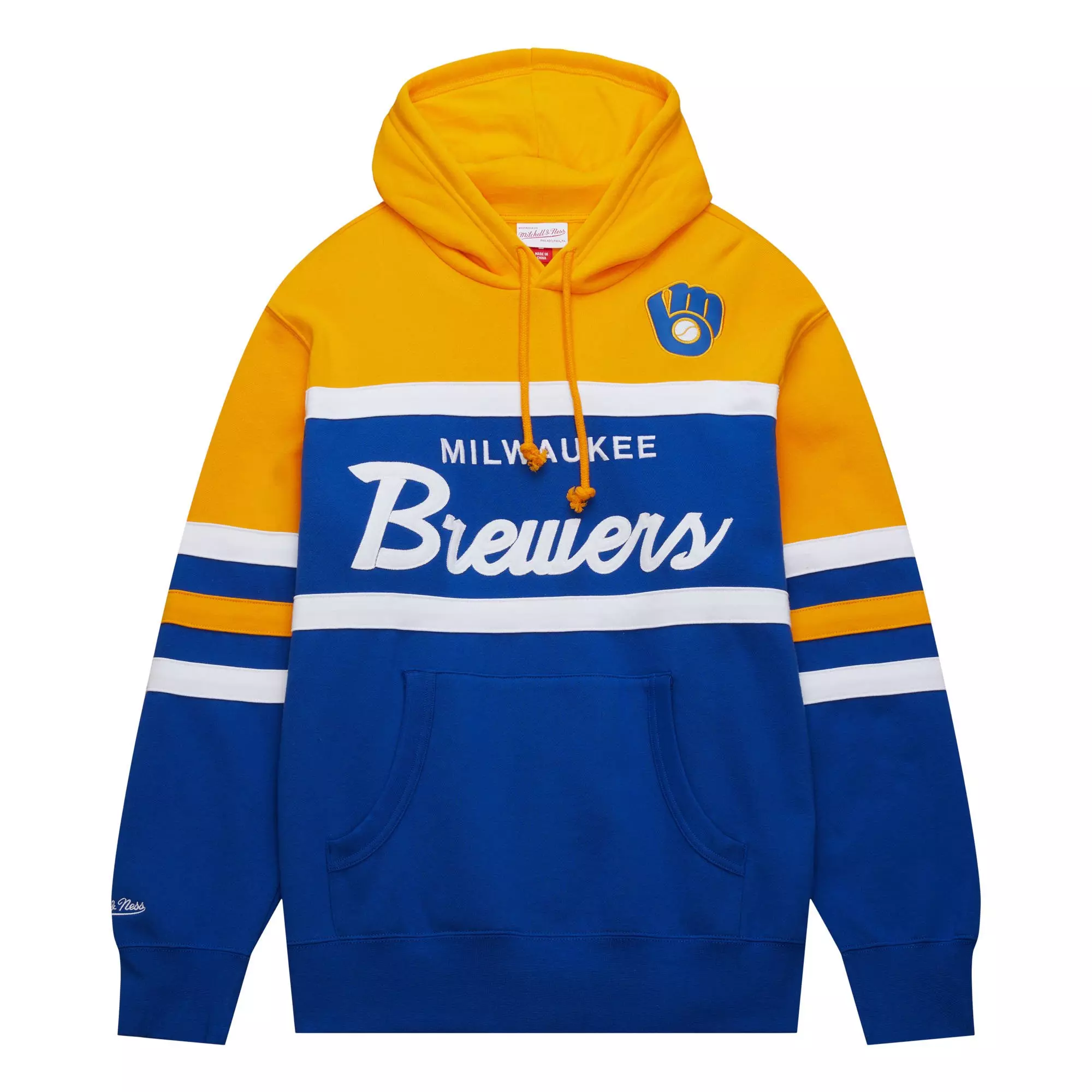 Mitchell & Men's Ness Men's Milwaukee Brewers Head Coach Hoodie-Navy/Yellow - NAVY/YELLOW