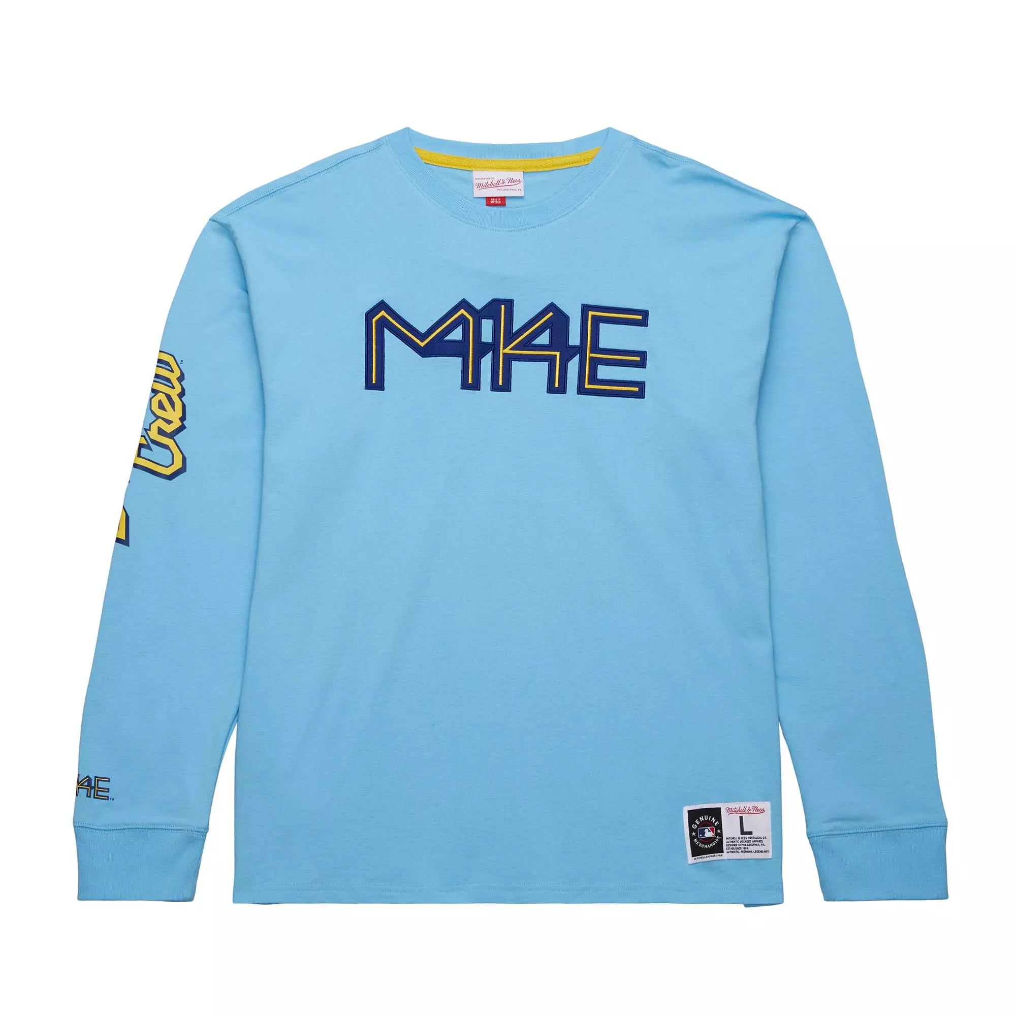 Mitchell & Ness Men's Milwaukee Brewers City Connect Long Sleeve Tee-Light Blue - BLUE