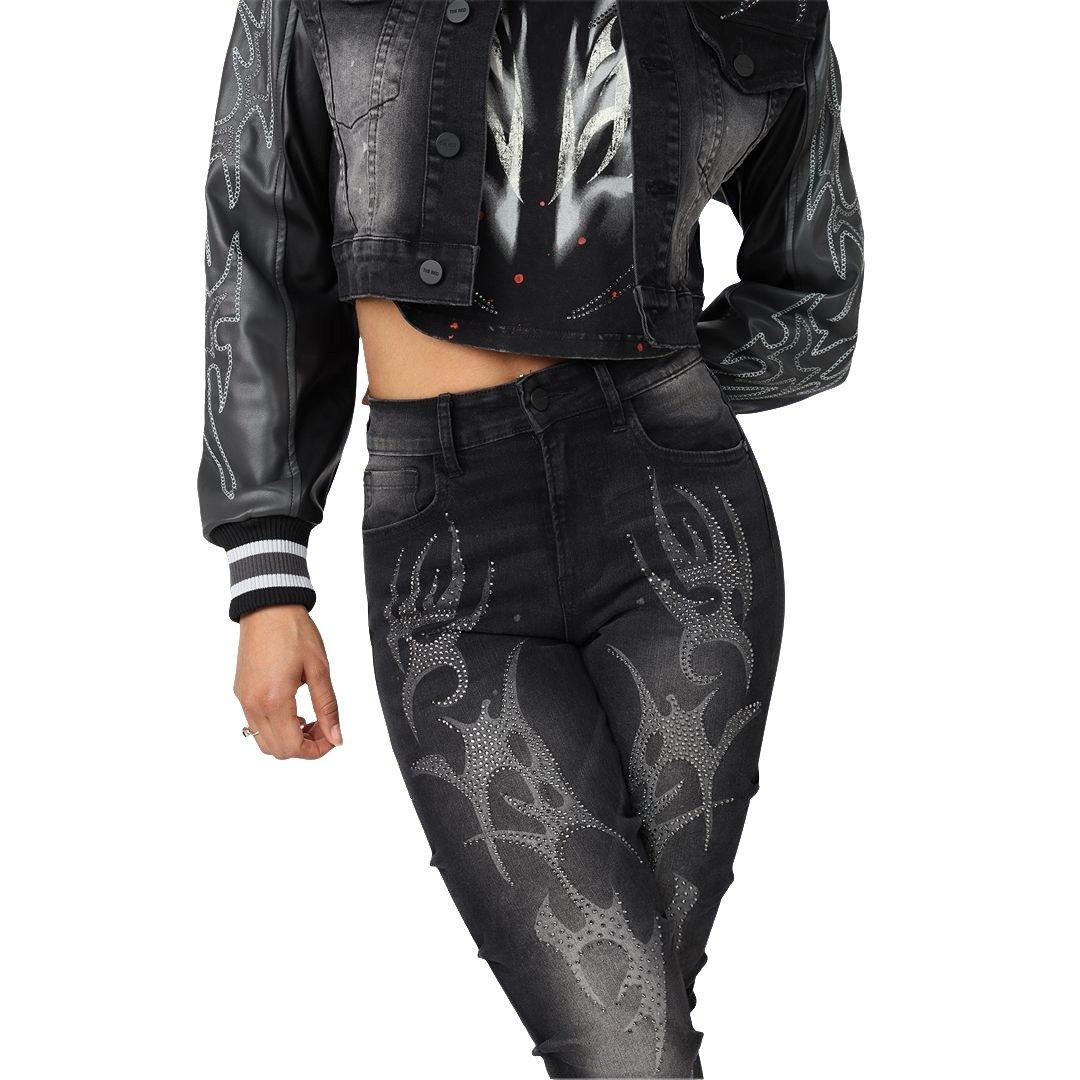 Smoke Rise Women's Stacked Wings Denim Jeans - BLACK Thumbnail View 4