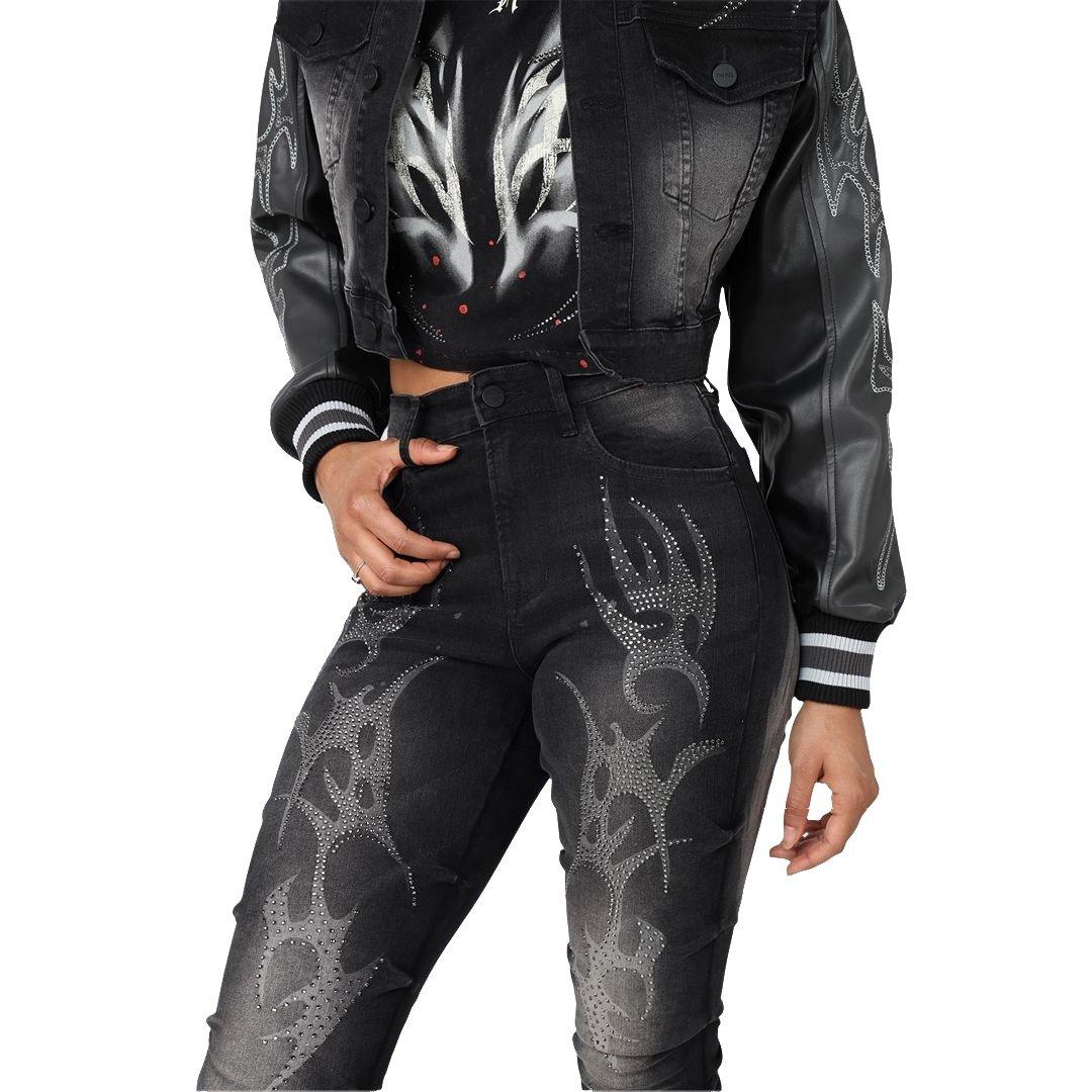 Smoke Rise Women's Stacked Wings Denim Jeans - BLACK Thumbnail View 6