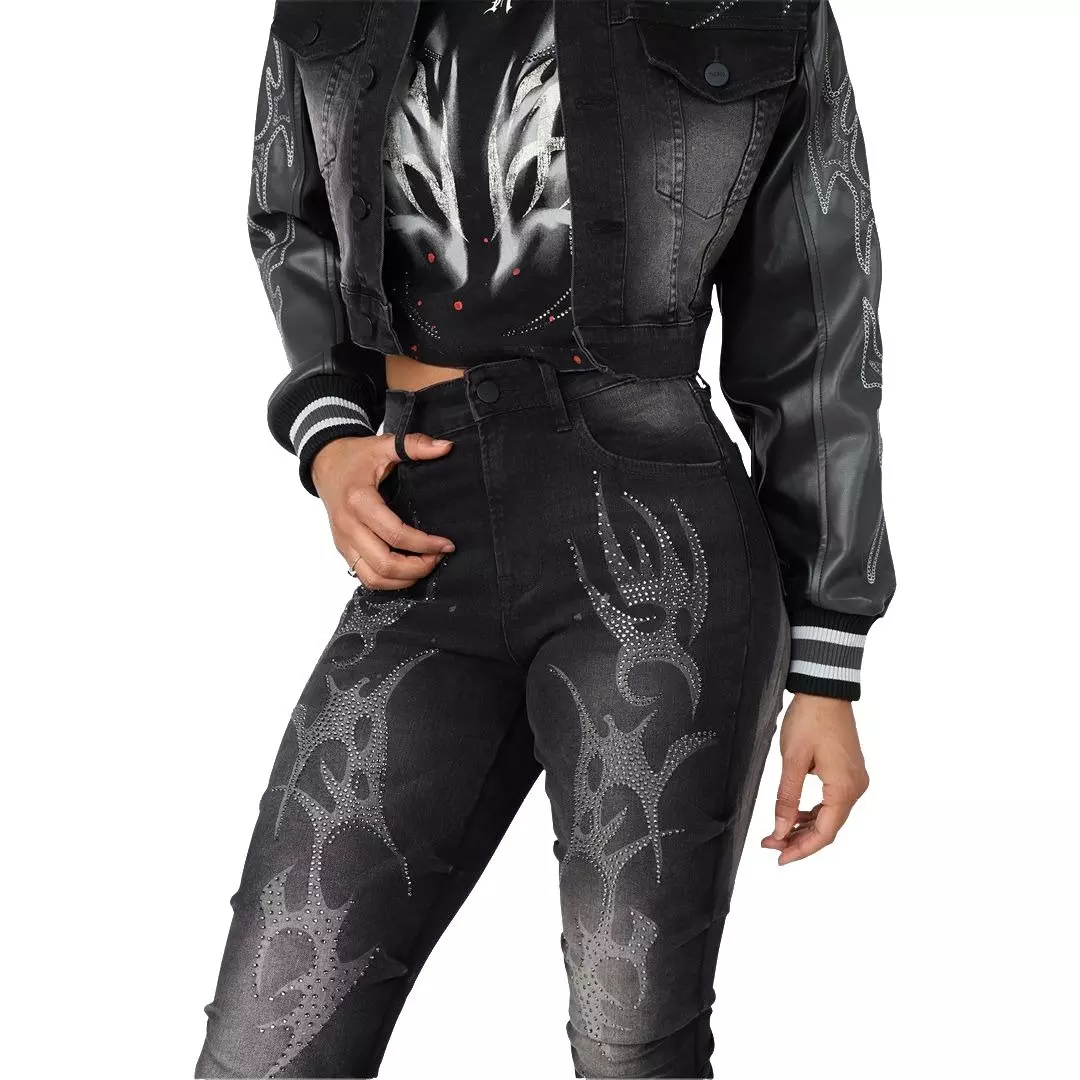 Smoke Rise Women's Stacked Wings Denim Jeans - BLACK